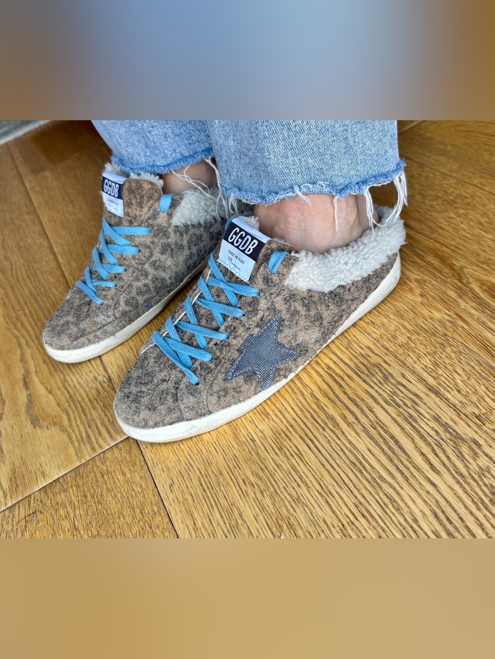 Golden Goose Sabot Leopard Brown Shearling Mules with Light Blue Laces 37